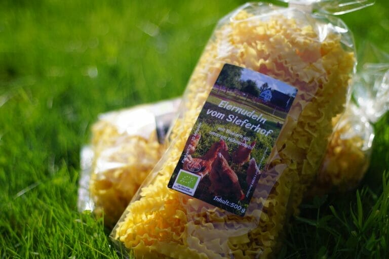 zwei Packete Eiernudelm vom Sieferhof auf Gras liegen